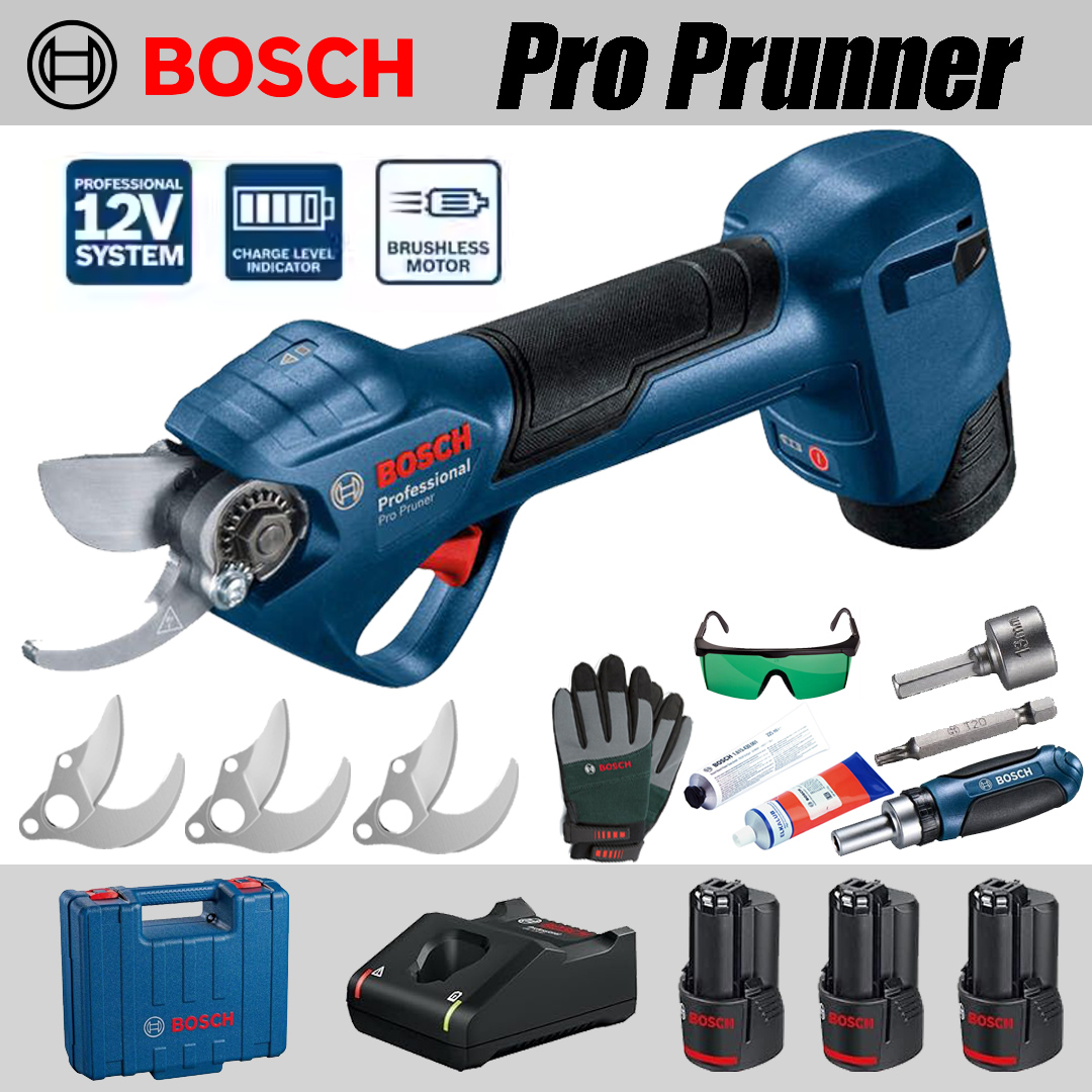 【BOSCH】Tijeras de poda *1, Batería de litio *3, Cabezales de corte *3, Estuche de almacenamiento *1, Cargador *1