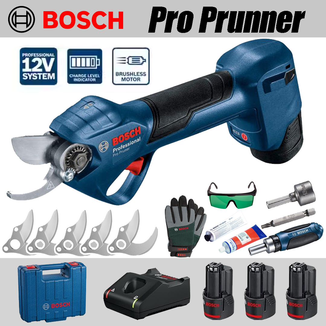 【BOSCH】Tijeras de poda *1, Batería de litio *3, Cabezales de corte *5, Estuche de almacenamiento *1, Cargador *1